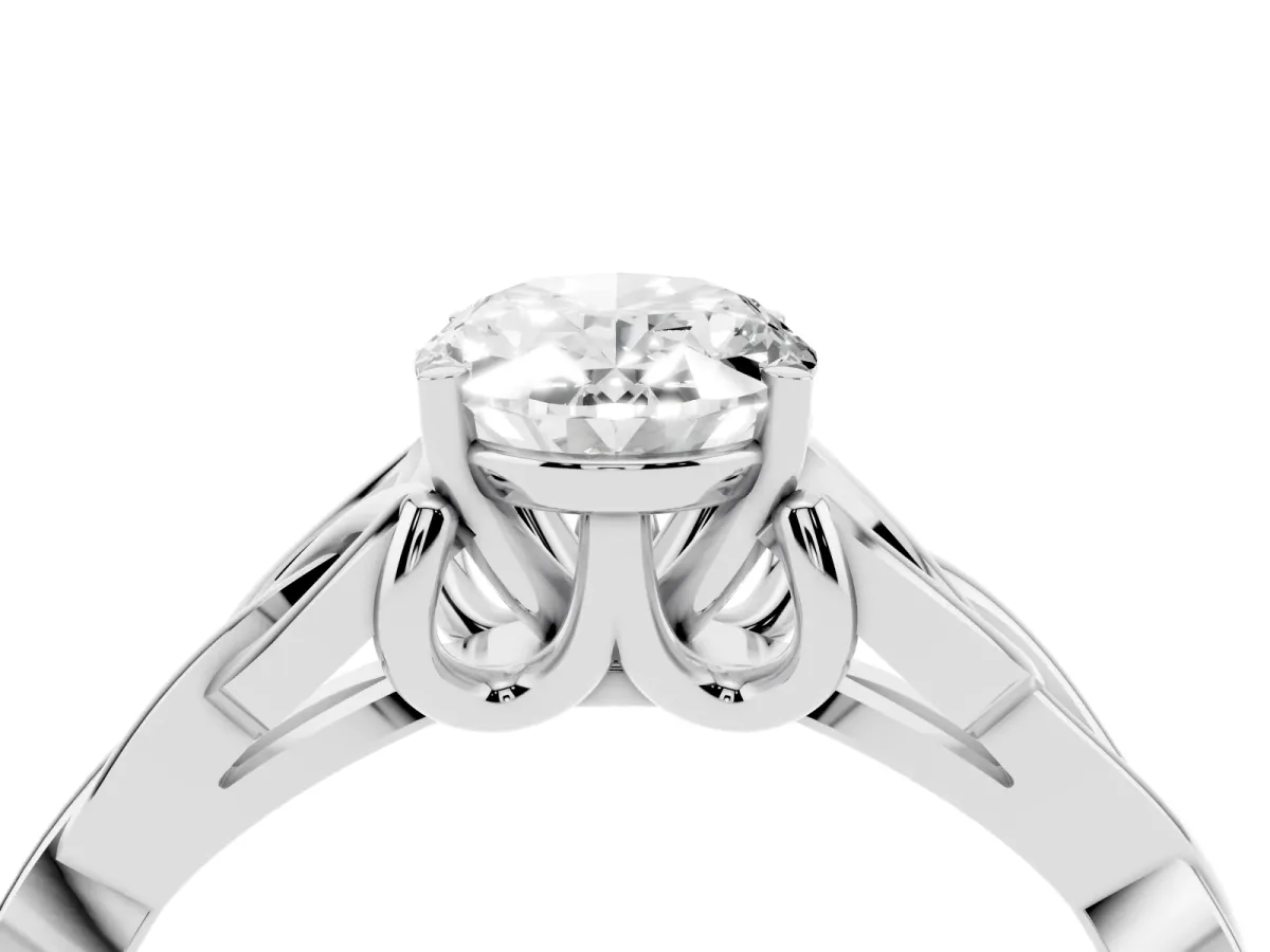Oval Cut Diamond Solitaire Engagement Ring with Celtic Knot Band and Four-Prong Setting White gold