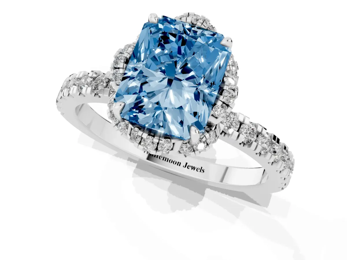 Fancy Blue Radiant Cut Diamond Halo Pave Band with Four-Prong Setting Silver