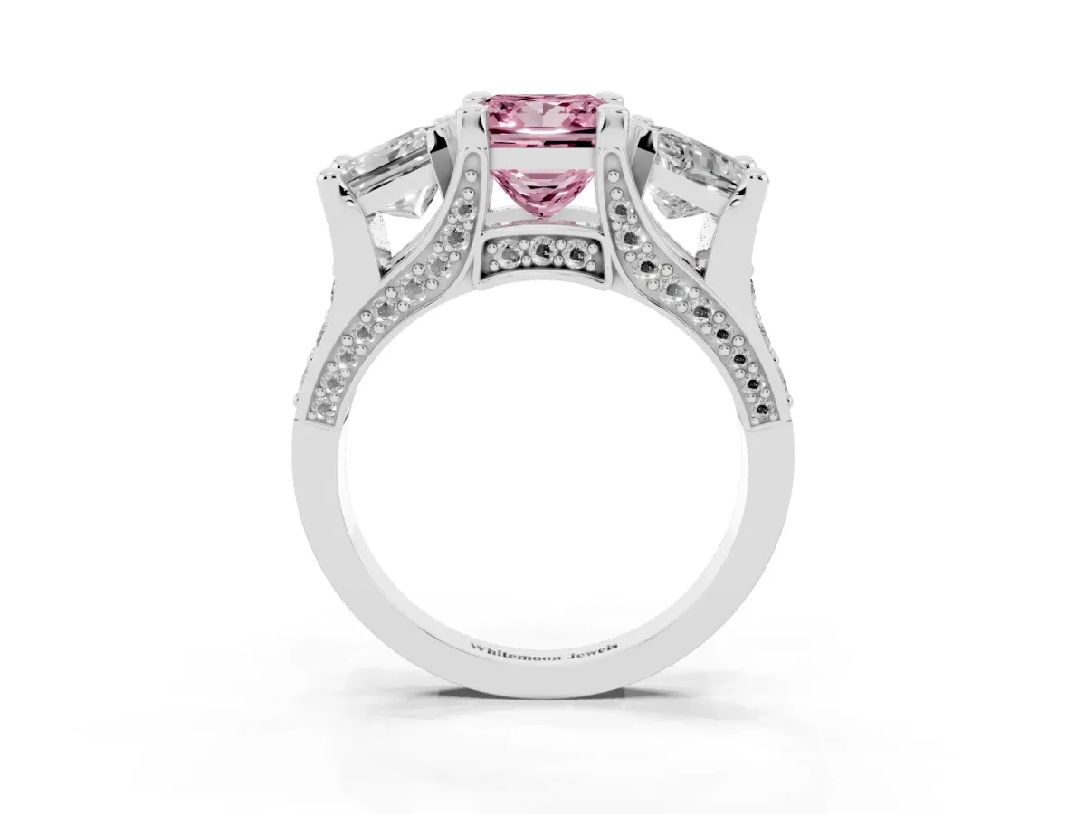 Fancy Pink Princess Cut Diamond Three-Stone Ring with Channel Set Band and Four-Prong Setting Silver