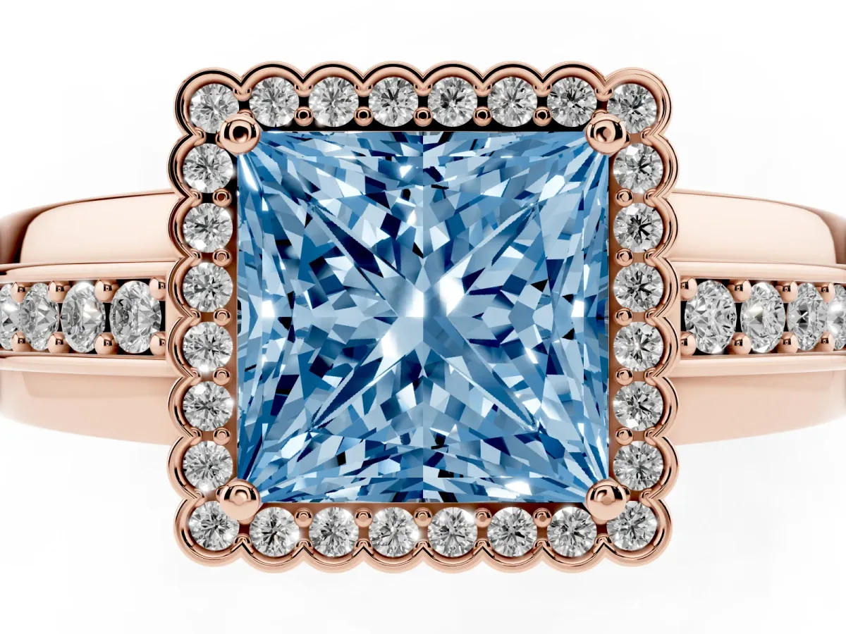 Fancy Blue Princess Cut Cut Halo Pave Band Four-Prong Ring Rose gold