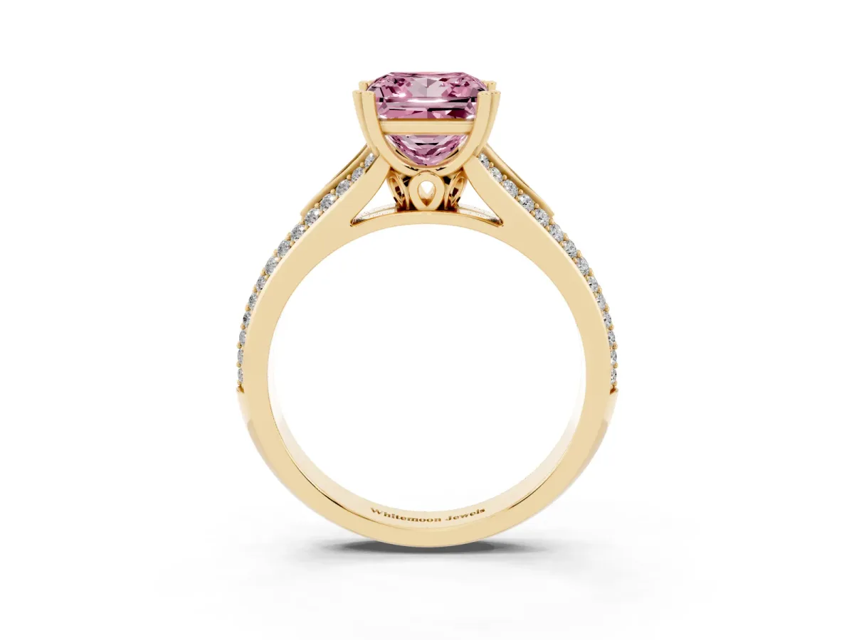 Fancy Pink Princess Cut Diamond Split Shank Engagement Ring with Pavé Band Yellow gold