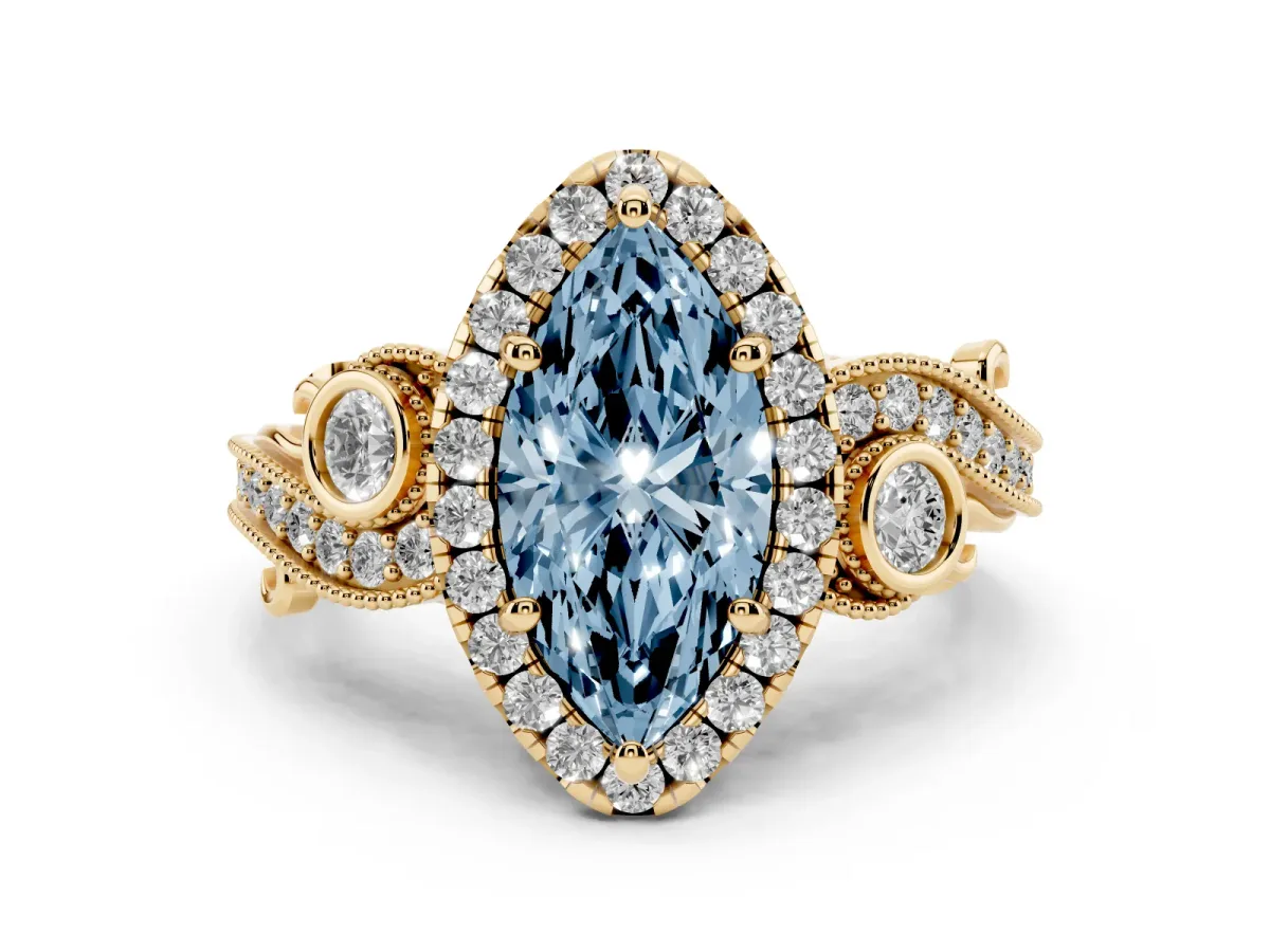 Fancy Blue Marquise Cut Halo Diamond Ring with Milgrain and Bezel Accents on a Split Shank Band Yellow gold
