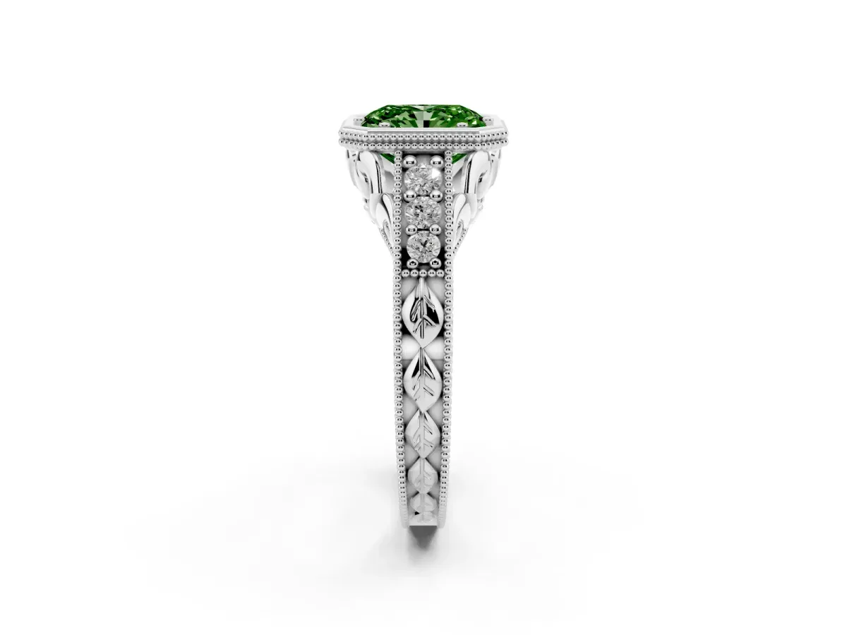 Fancy Green Bezel Set Radiant Cut Diamond Milgrain Pave Engagement Ring Silver