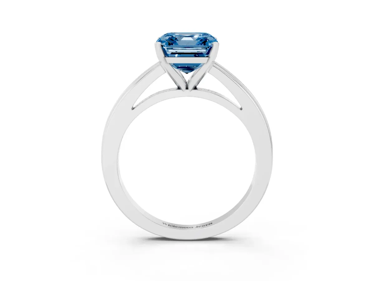 Fancy Blue Asscher Cut Solitaire Diamond Ring with Four-Prong Setting and Classic Band White gold