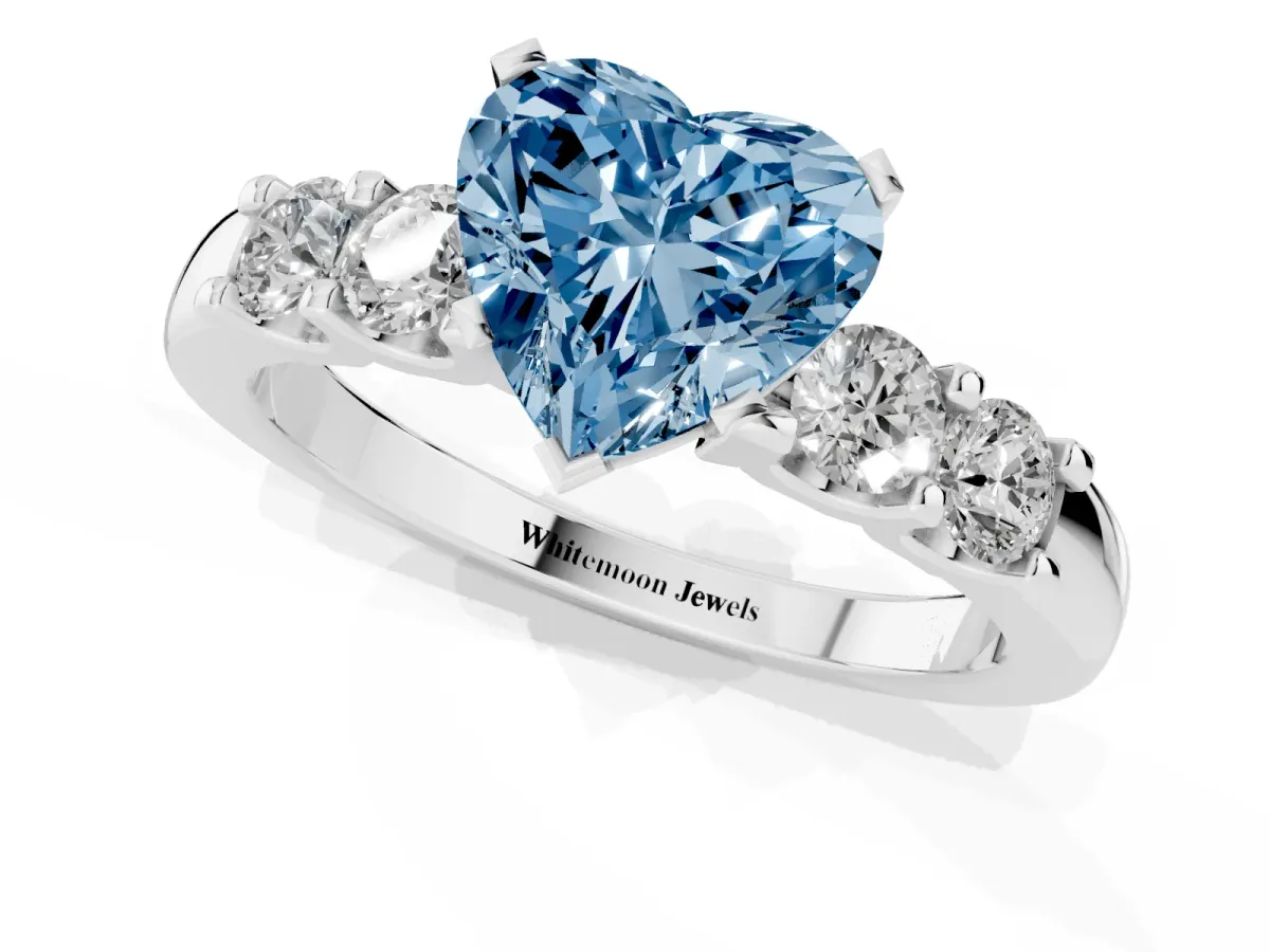 Fancy Blue Heart Cut Brilliant Cut Diamond Five-Stone Prong Set Engagement Ring with Channel Band White gold