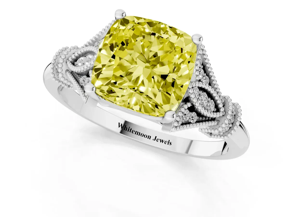 Fancy Yellow Cushion Cut Diamond Solitaire Ring with Floral Filigree and Pave Accents Platinum