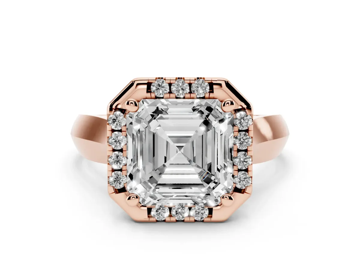 Asscher Cut Cut Halo Solitaire Engagement Ring with Square Band and Four-Prong Setting Rose gold