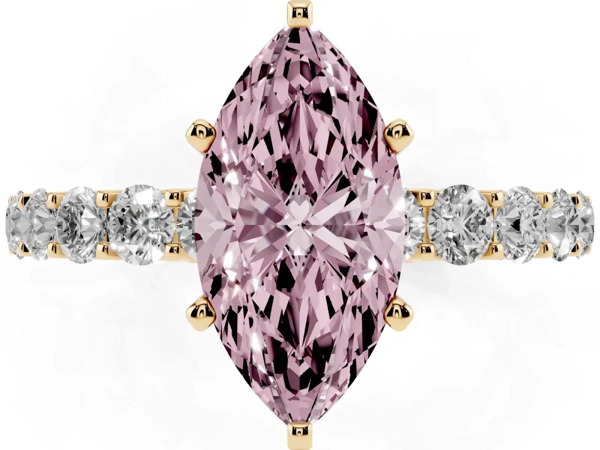 Fancy Pink Marquise Cut Diamond Solitaire Ring with Shared Prong Pavé Band and Four-Prong Setting Yellow gold