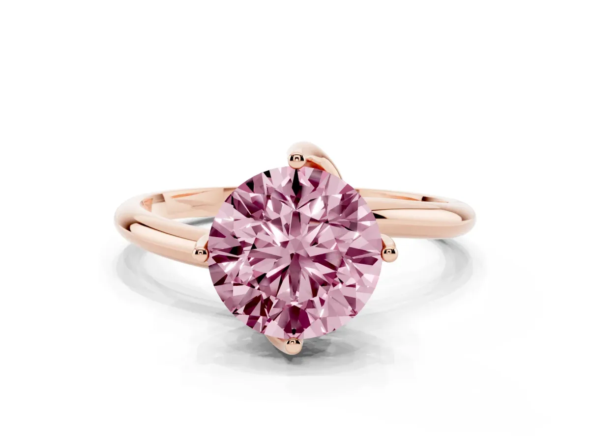 Fancy Pink Round Cut Diamond Solitaire Engagement Ring with Four-Prong Setting and Classic Band Rose gold