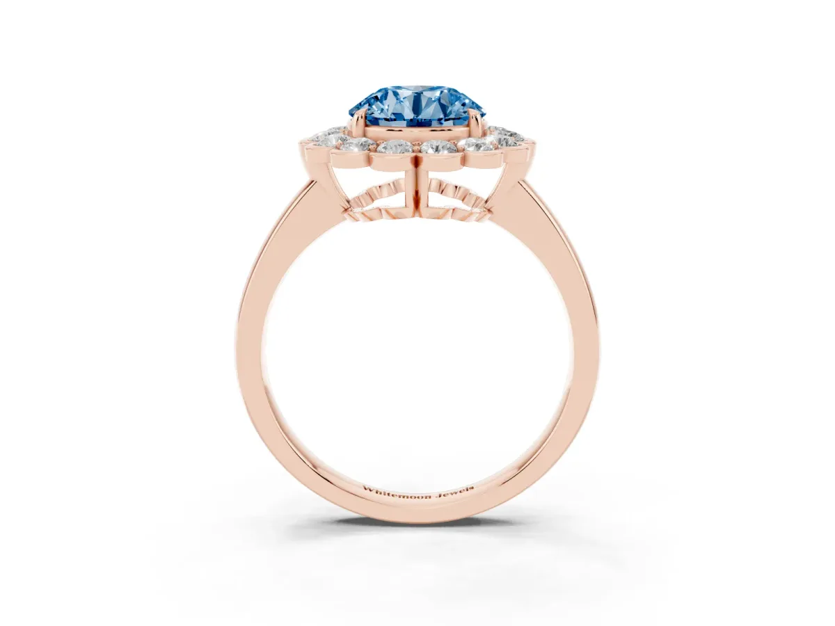 Fancy Blue Round Cut Halo Cluster Diamond Engagement Ring with Solitaire Band and Prong Setting Rose gold