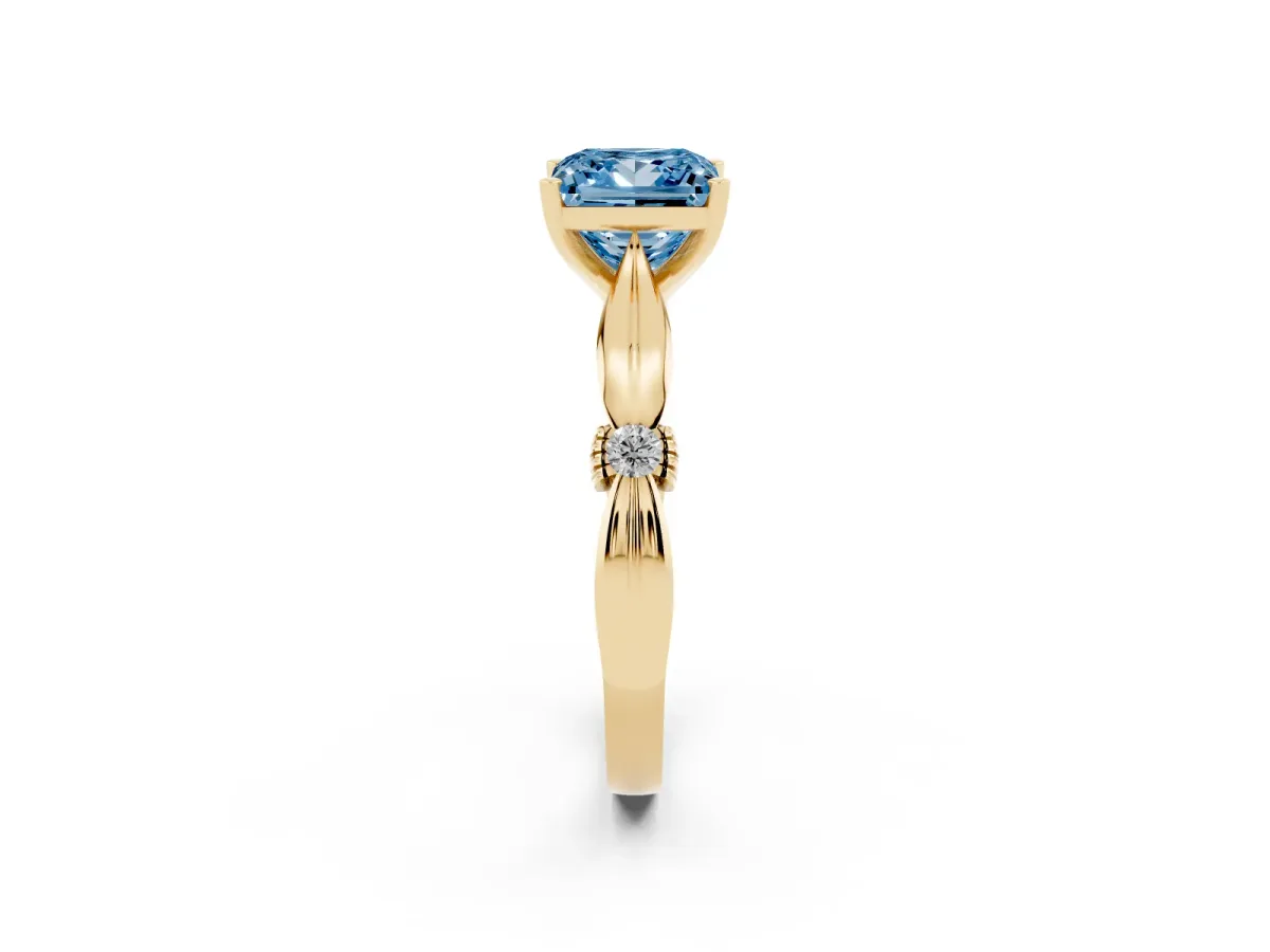 Fancy Blue Princess Cut Solitaire Diamond Twisted Band with Four-Prong Setting Yellow gold
