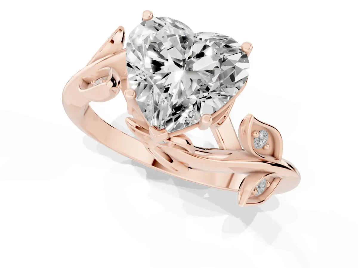 Heart Cut Solitaire Twist Engagement Ring with Leaf Accents and Prong Setting Rose gold