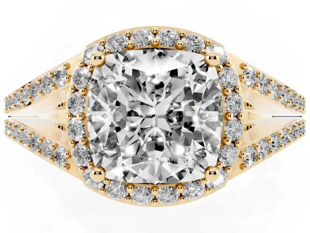 Cushion Cut Halo Split Shank Diamond Ring with Prong Setting Yellow gold