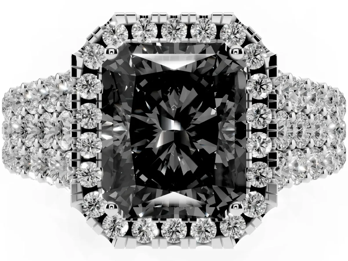 Fancy Black Radiant Cut Diamond Halo Engagement Ring with Triple Row Round Pavé Band and Prong Setting Platinum