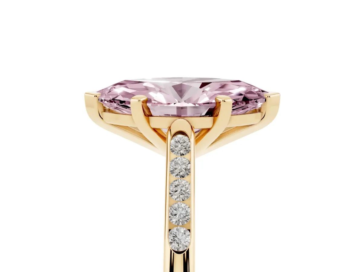 Fancy Pink Marquise Cut Diamond Solitaire Ring with Channel Set Round Band and Prong Setting Yellow gold