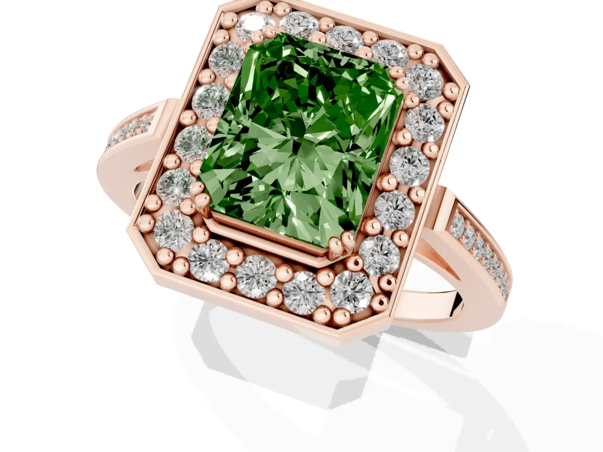Fancy Green Radiant Cut Diamond Halo Ring with Split Shank and Four-Prong Setting Rose gold