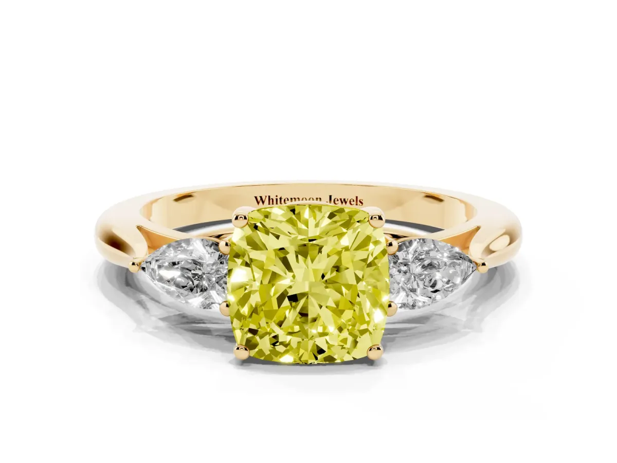 Fancy Yellow Three-Stone Cushion Cut Brilliant Diamond Solitaire Ring with Tapered Band and Four-Prong Setting Yellow gold