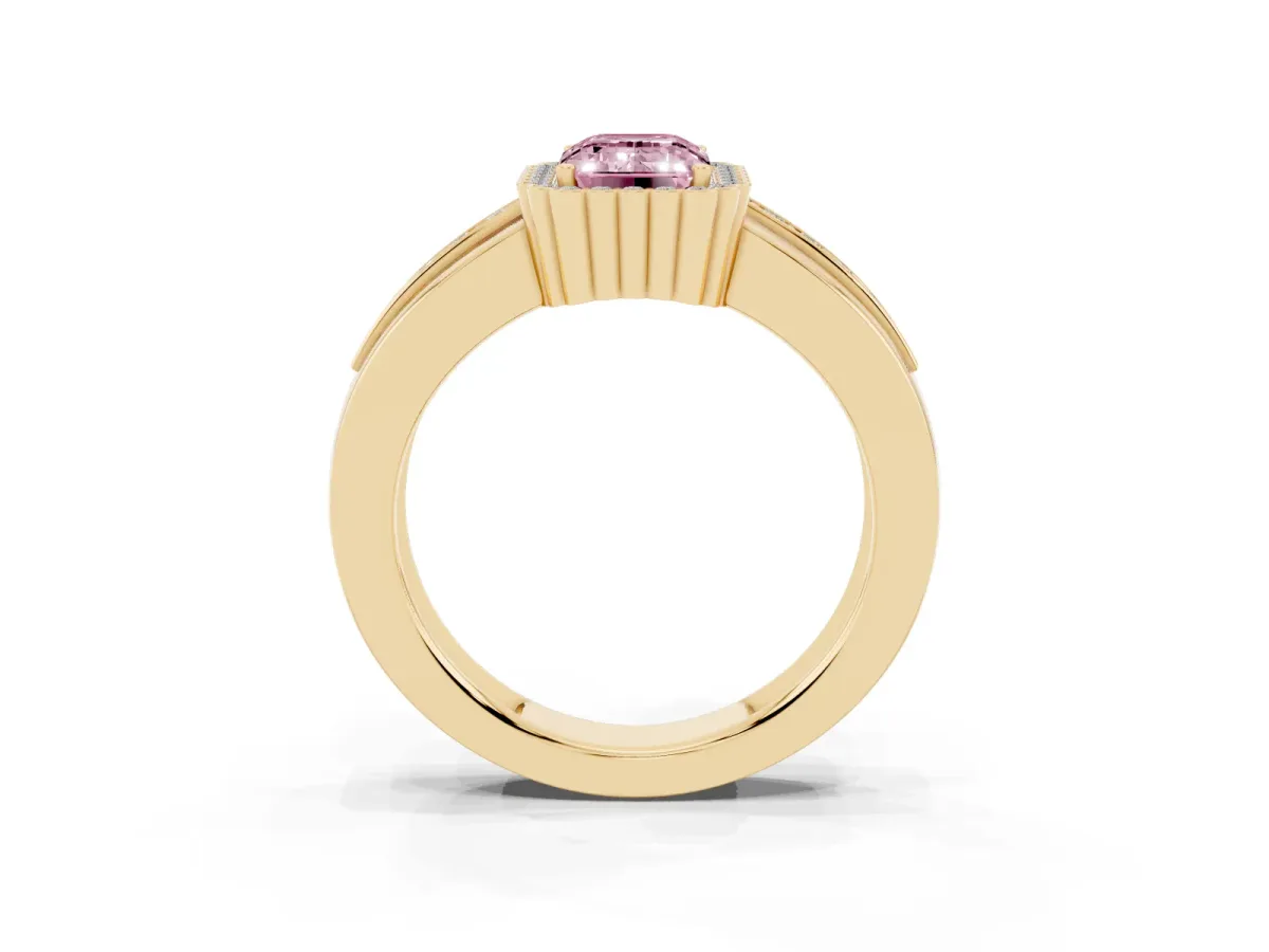Fancy Pink Emerald Cut Cut Halo Pave Band Four-Prong Ring Yellow gold