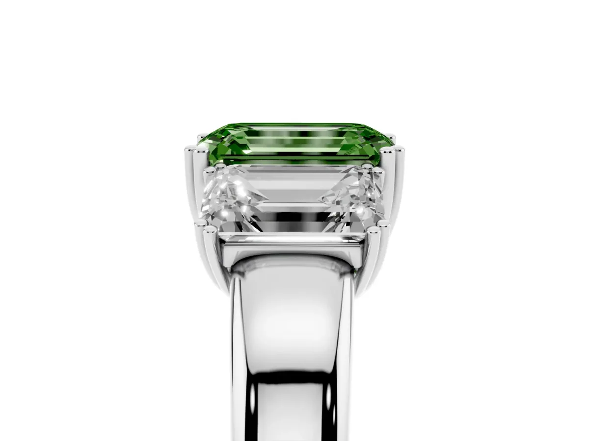 Fancy Green Three-Stone Emerald Cut Cut Diamond Ring with Channel Set Band and Four-Prong Setting Silver