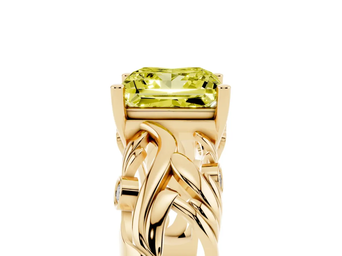 Fancy Yellow Princess Cut Solitaire Diamond Leaf-Inspired Vine Band Ring with Prong Setting Yellow gold