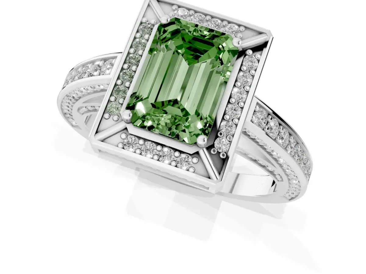 Fancy Green Emerald Cut Cut Halo Pave Split Shank Prong Setting Ring Silver