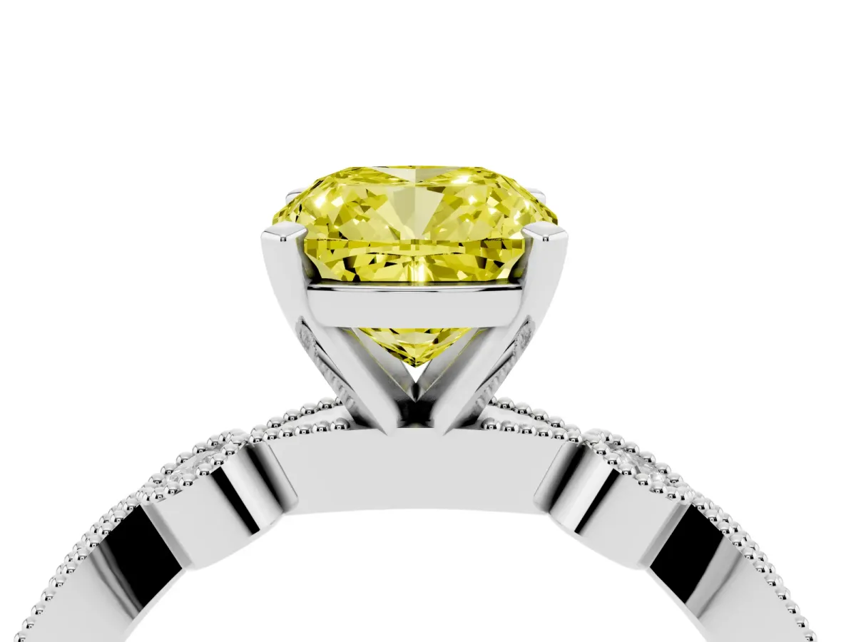 Fancy Yellow Cushion Cut Milgrain Bezel Diamond Engagement Ring with Solitaire Prong Setting Silver