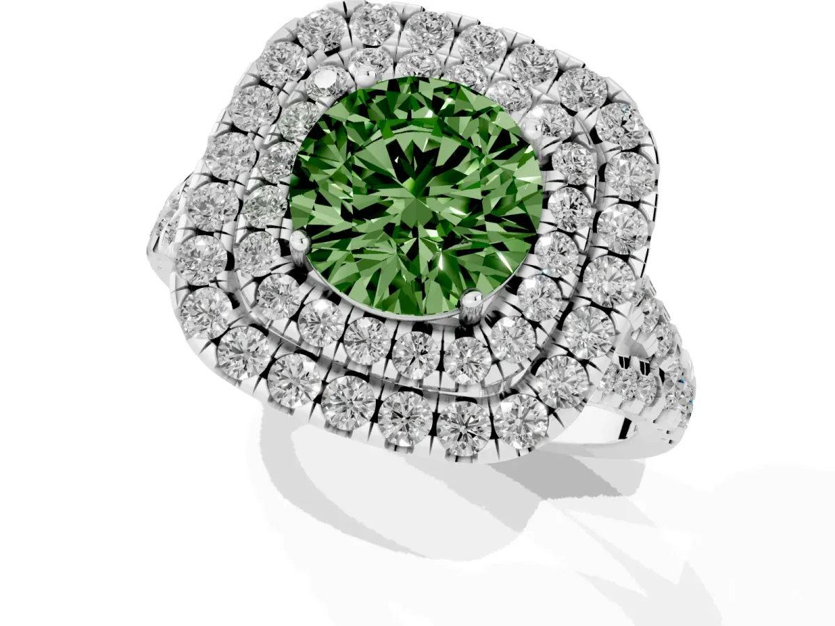 Fancy Green Double Halo Round Cut Diamond Pavé Split Shank Ring with Prong Setting White gold