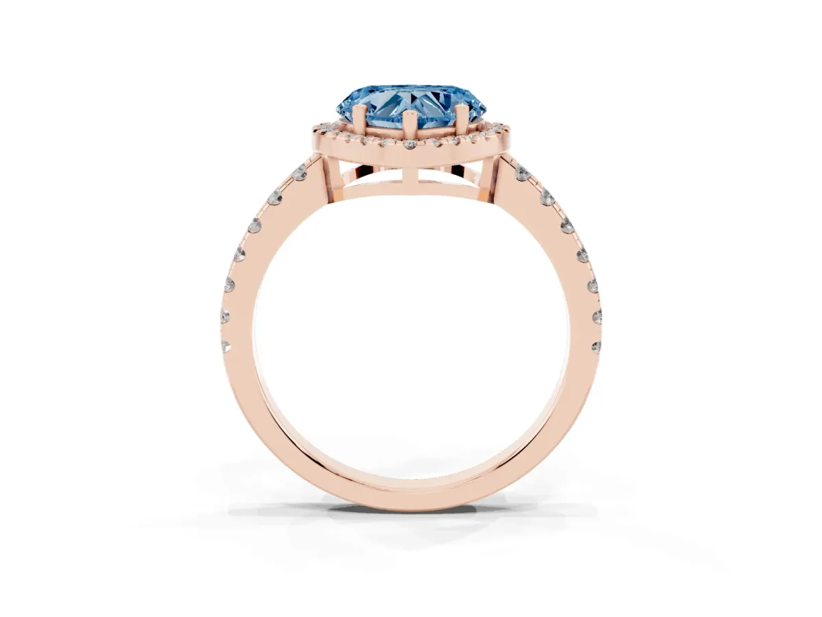 Fancy Blue Heart Cut Diamond Halo Ring with Pavé Band and Four-Prong Setting Rose gold
