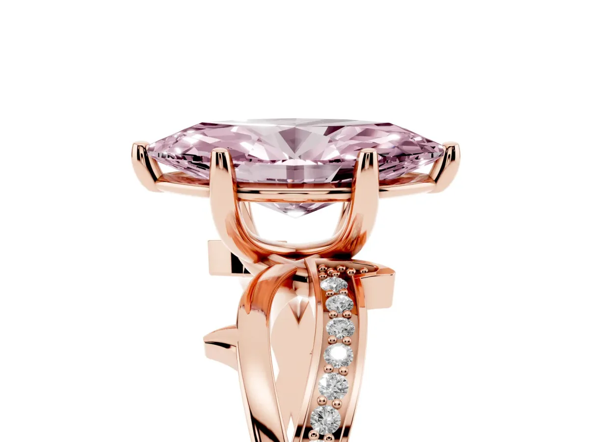 Fancy Pink Marquise Cut Solitaire Twist Band with Pavé Accents and Four-Prong Setting Rose gold