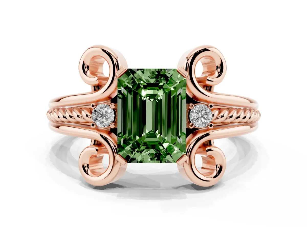 Fancy Green Emerald Cut Solitaire Twisted Band Scroll Prong Ring Rose gold