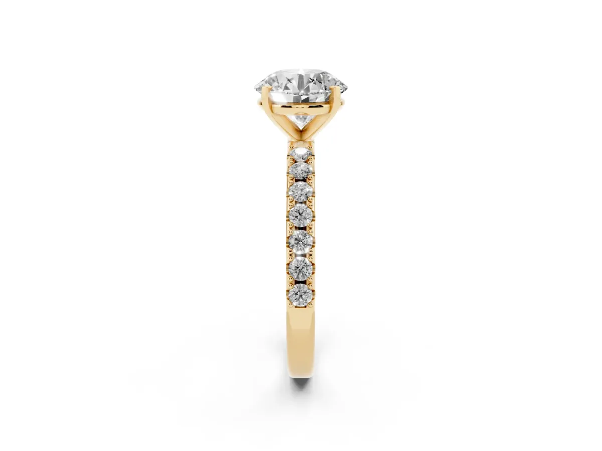 Round Cut Diamond Solitaire Pavé Band with Four-Prong Setting Yellow gold
