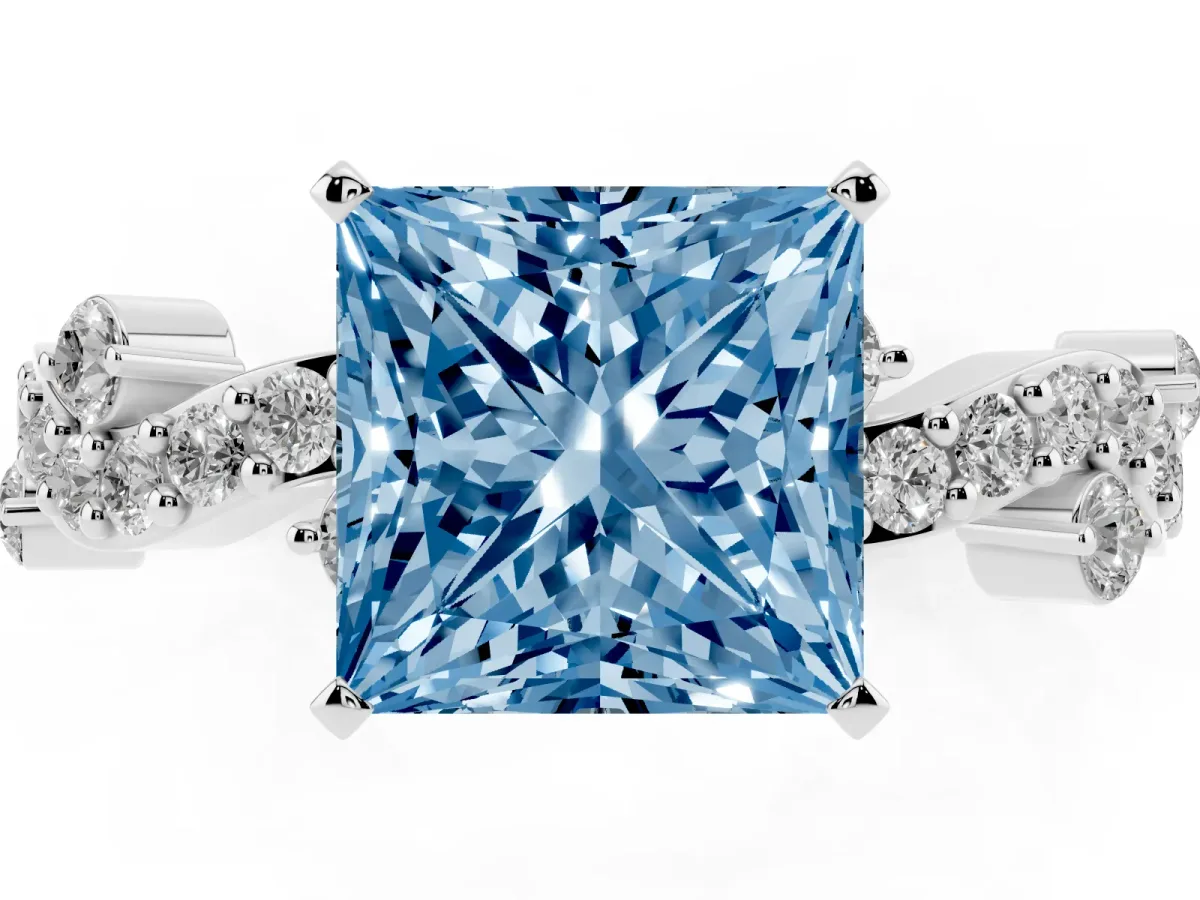 Fancy Blue Princess Cut Cut Solitaire Diamond Twisted Band with Pave Setting Silver