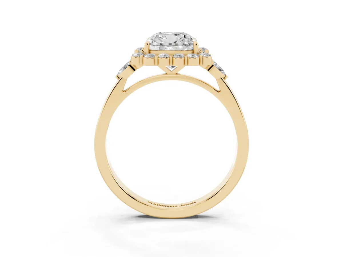 Cushion Cut Diamond Halo Ring with Pear Side Stones and Prong Setting Yellow gold