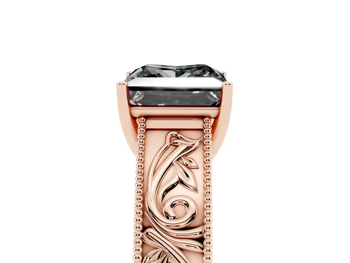 Fancy Black Princess Cut Diamond Solitaire Ring with Engraved Band and Four-Prong Setting Rose gold