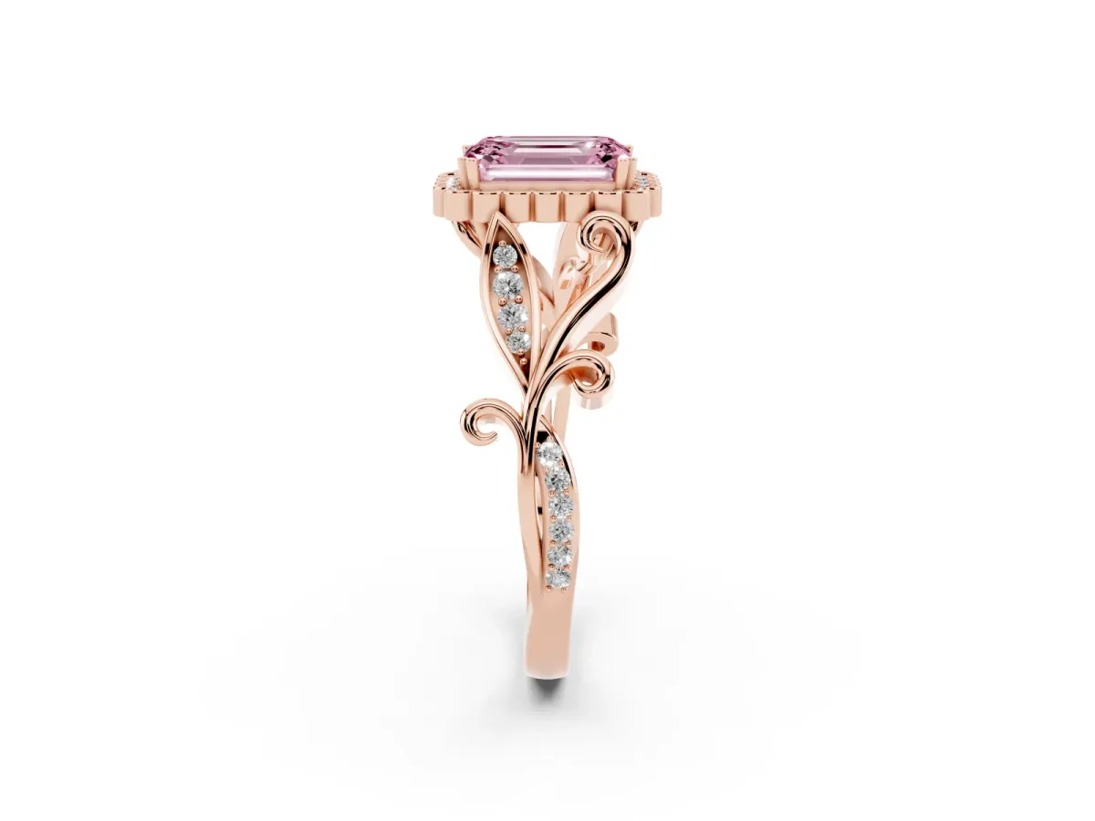 Fancy Pink Emerald Cut Diamond Halo Ring with Vintage Split Shank and Four-Prong Setting Rose gold