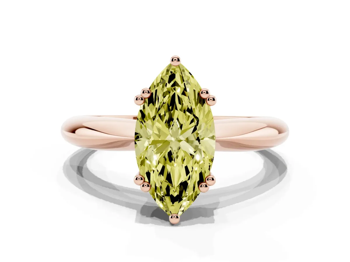 Fancy Yellow Marquise Cut Cut Solitaire Engagement Ring with Tapered Band and Four-Prong Setting Rose gold