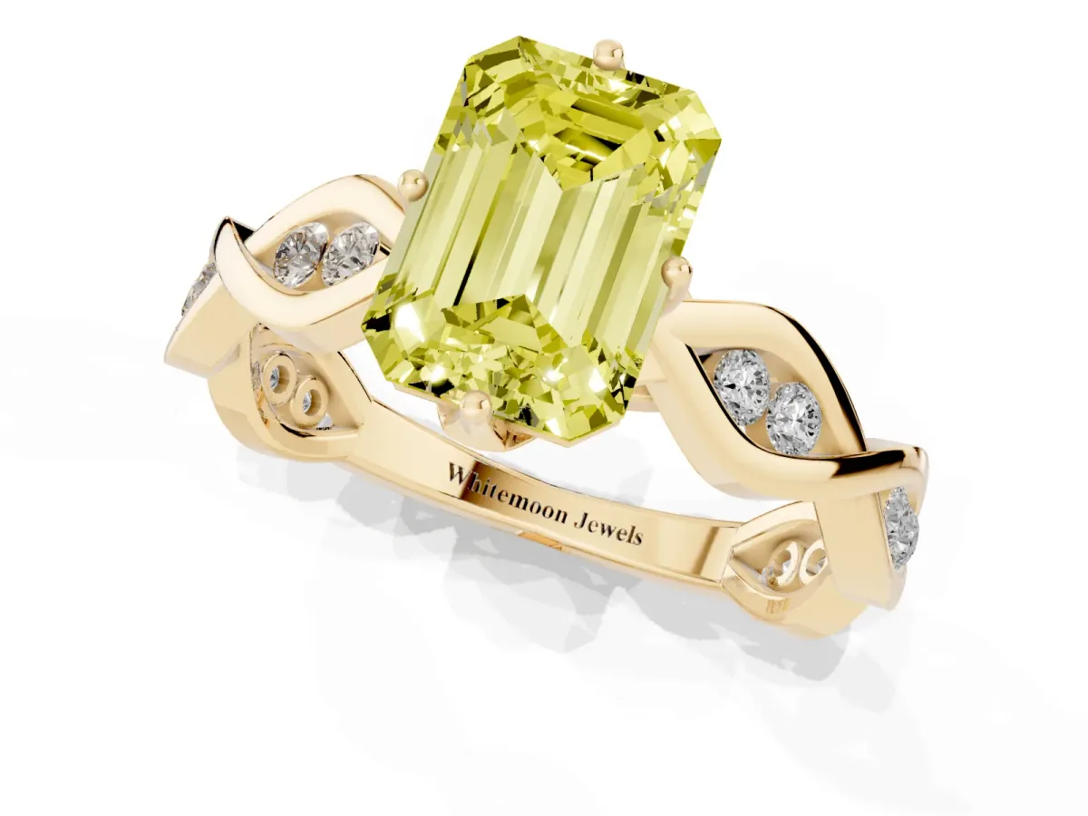Fancy Yellow Emerald Cut Solitaire Twist Band with Leaf Prong Setting Yellow gold