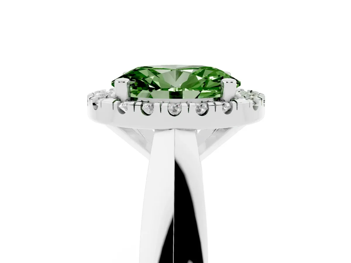Fancy Green Oval Cut Cut Halo Solitaire Engagement Ring with Square Band and Four-Prong Setting Platinum