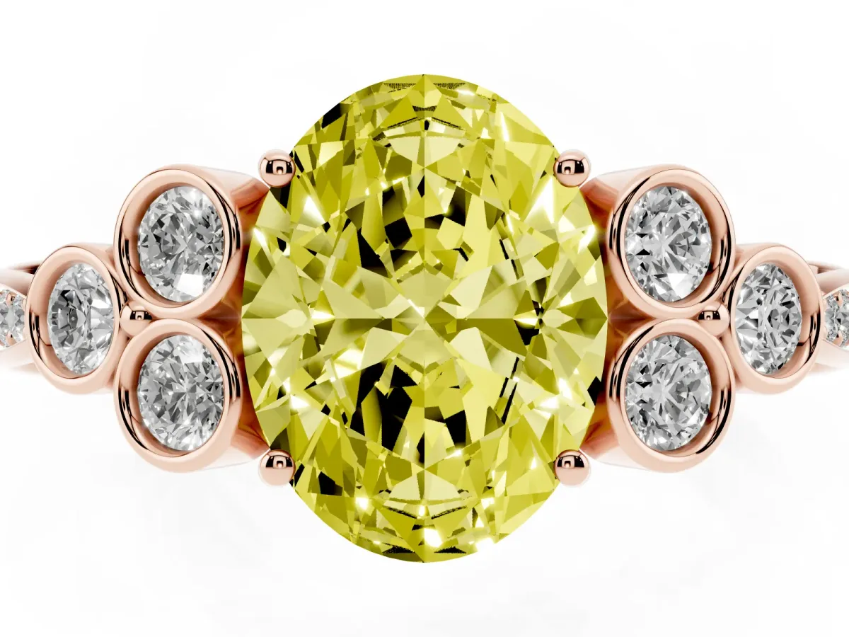 Fancy Yellow Oval Cut Cut Diamond Engagement Ring with Bezel Set Round Side Stones and Prong Setting Rose gold