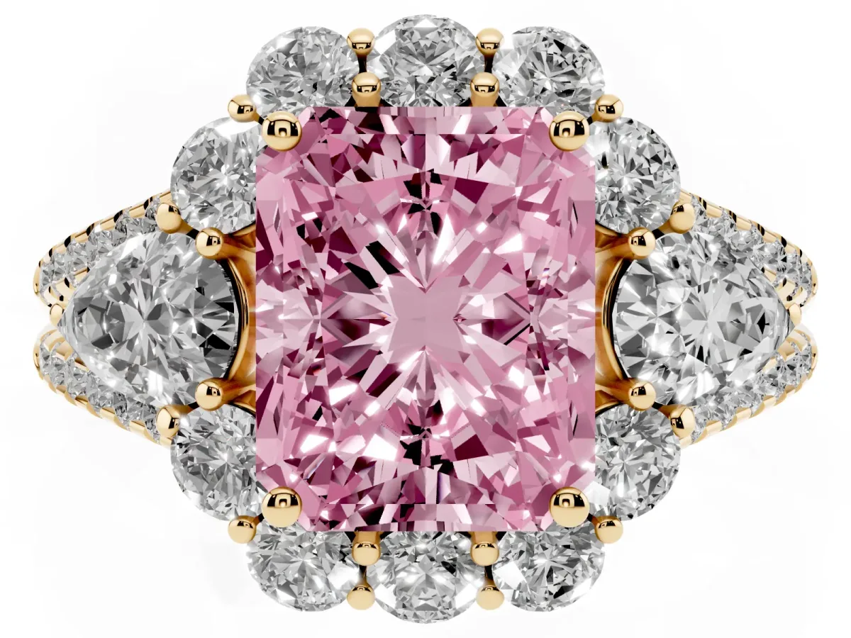 Fancy Pink Radiant Cut Halo Split Shank Diamond Engagement Ring with Prong Setting Yellow gold