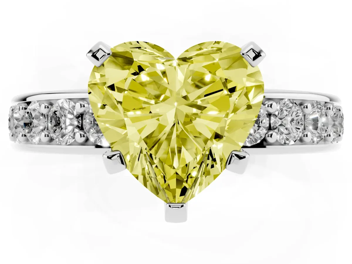 Fancy Yellow Heart Cut Diamond Engagement Ring with Channel Set Round Band and Prong Setting Silver
