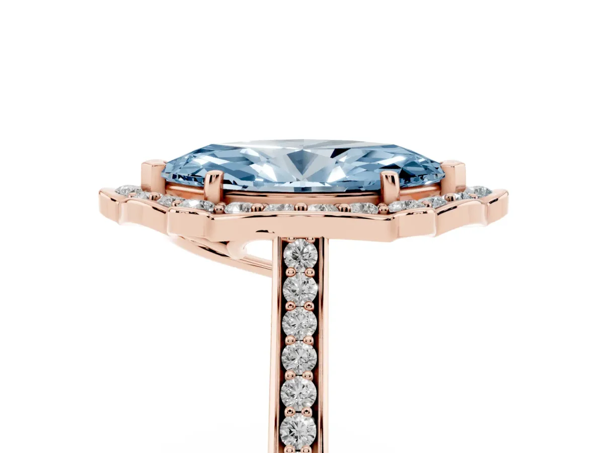 Fancy Blue Marquise Cut Halo Round Diamond Pave Band with Four-Prong Setting Rose gold