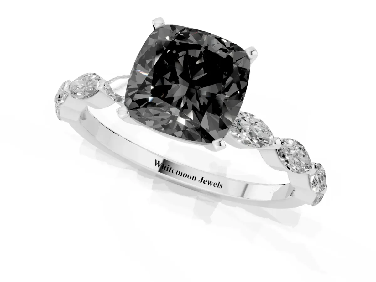 Fancy Black Cushion Cut Diamond Ring with Marquise Side Stones and Prong Setting Platinum