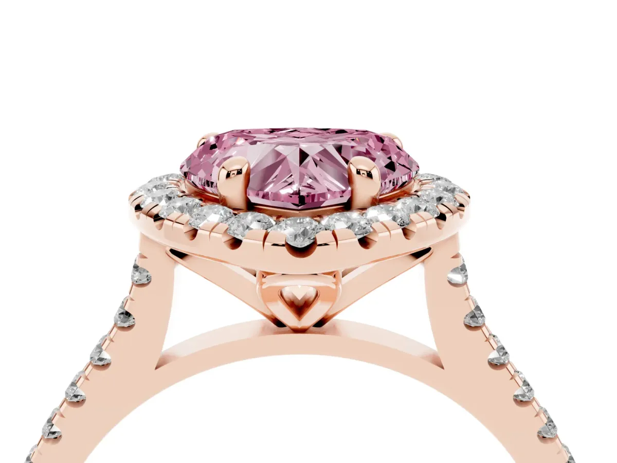 Fancy Pink Heart Cut Diamond Cushion Halo Ring with Pavé Band Rose gold