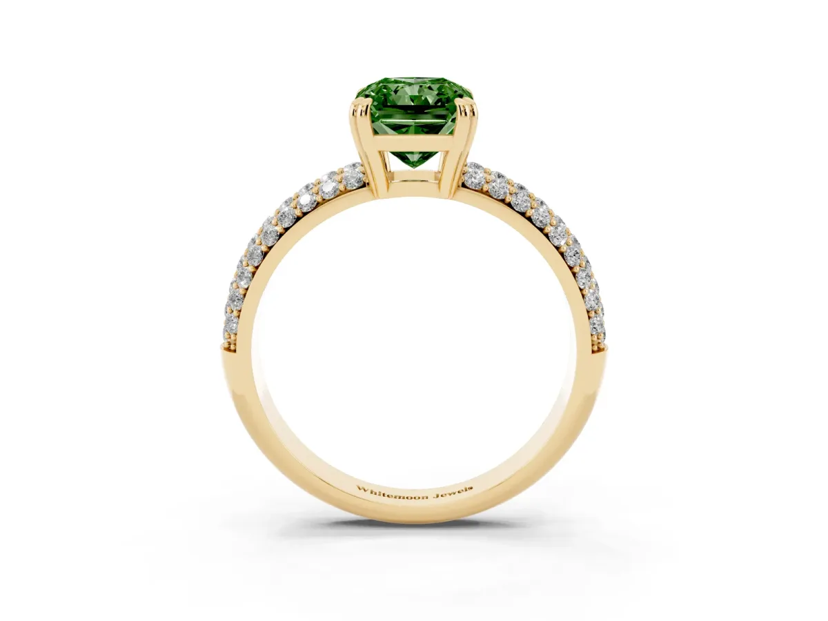 Fancy Green Radiant Cut Diamond Solitaire Ring with Multi-Row Round Pavé Band and Prong Setting Yellow gold