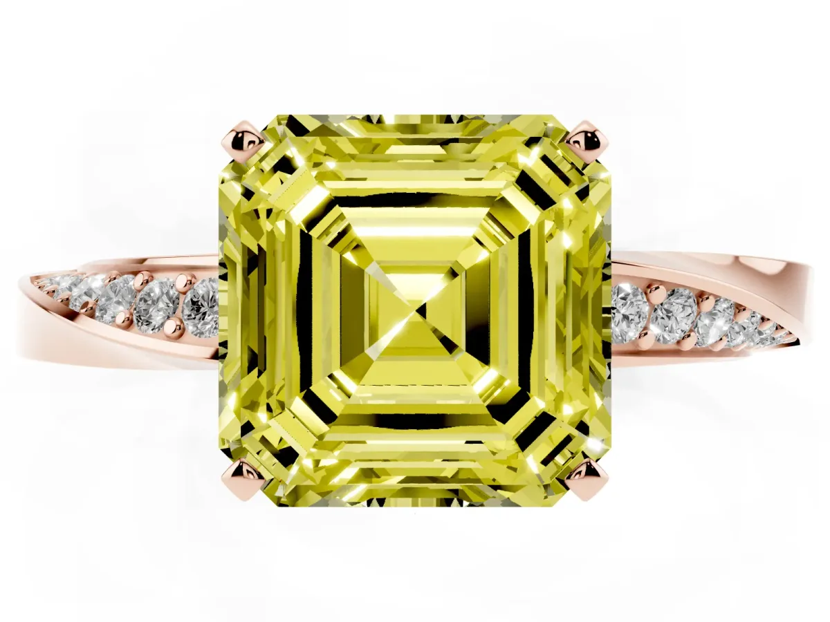 Fancy Yellow Asscher Cut Diamond Engagement Ring with Side Stone Accents and Four-Prong Setting Rose gold