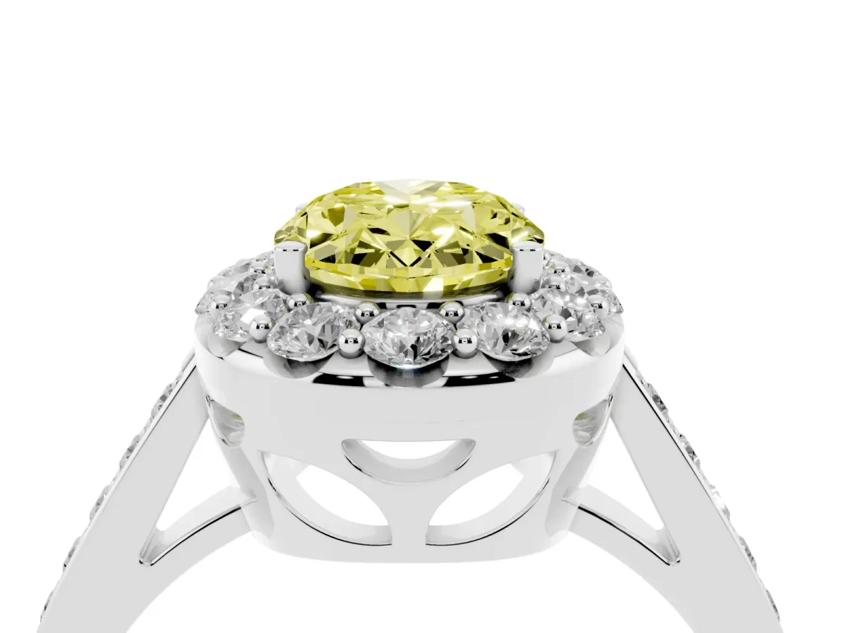 Fancy Yellow Oval Cut Diamond Floral Halo Ring with Pavé Band and Prong Setting White gold