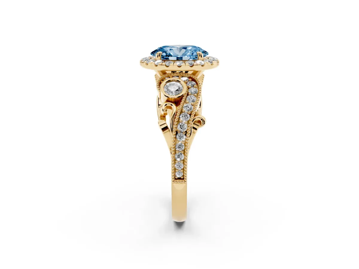 Fancy Blue Oval Cut Halo Diamond Ring with Milgrain and Bezel Accents on a Split Shank Band Yellow gold