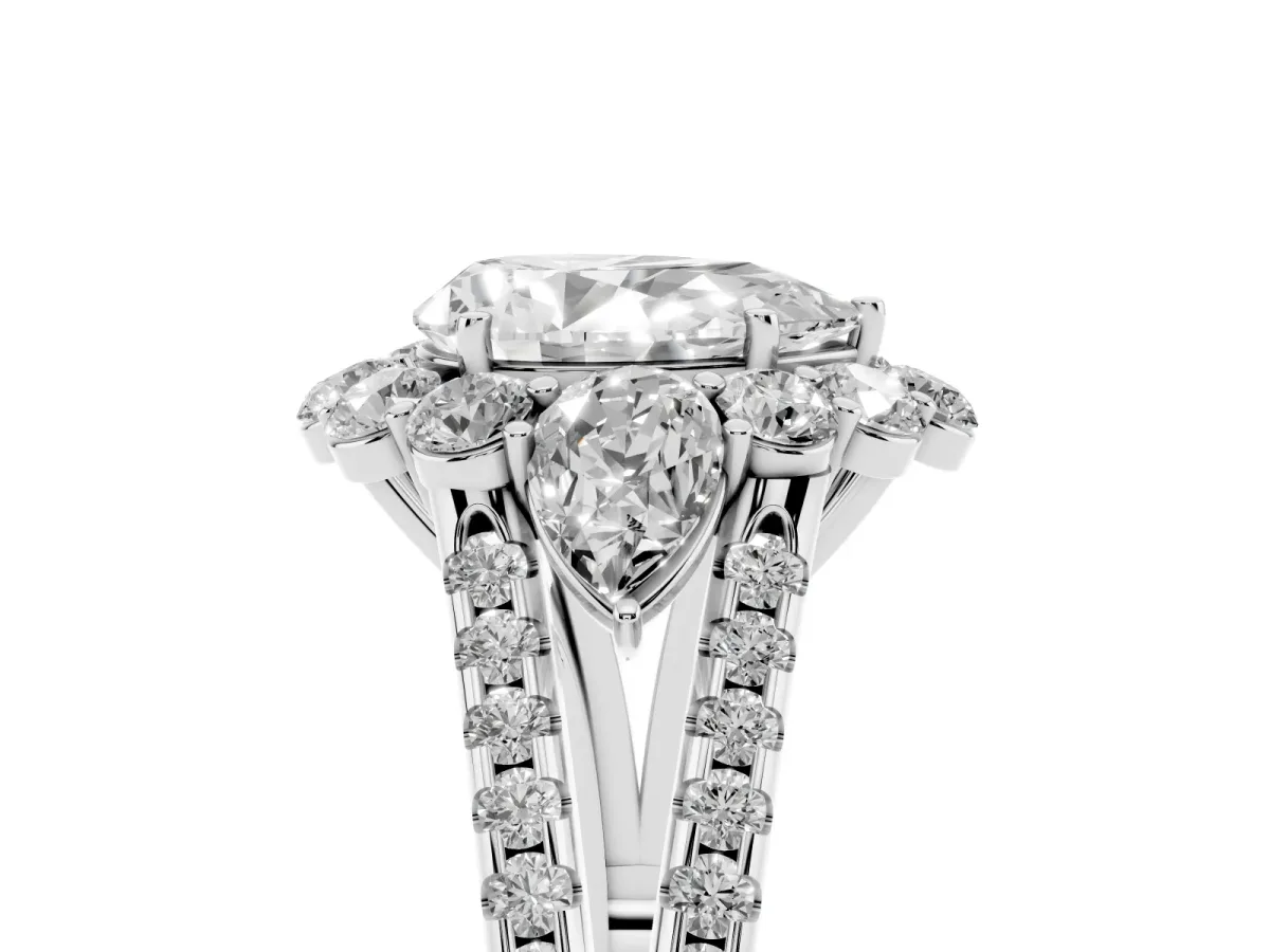 Pear Cut Halo Split Shank Diamond Engagement Ring with Prong Setting Silver