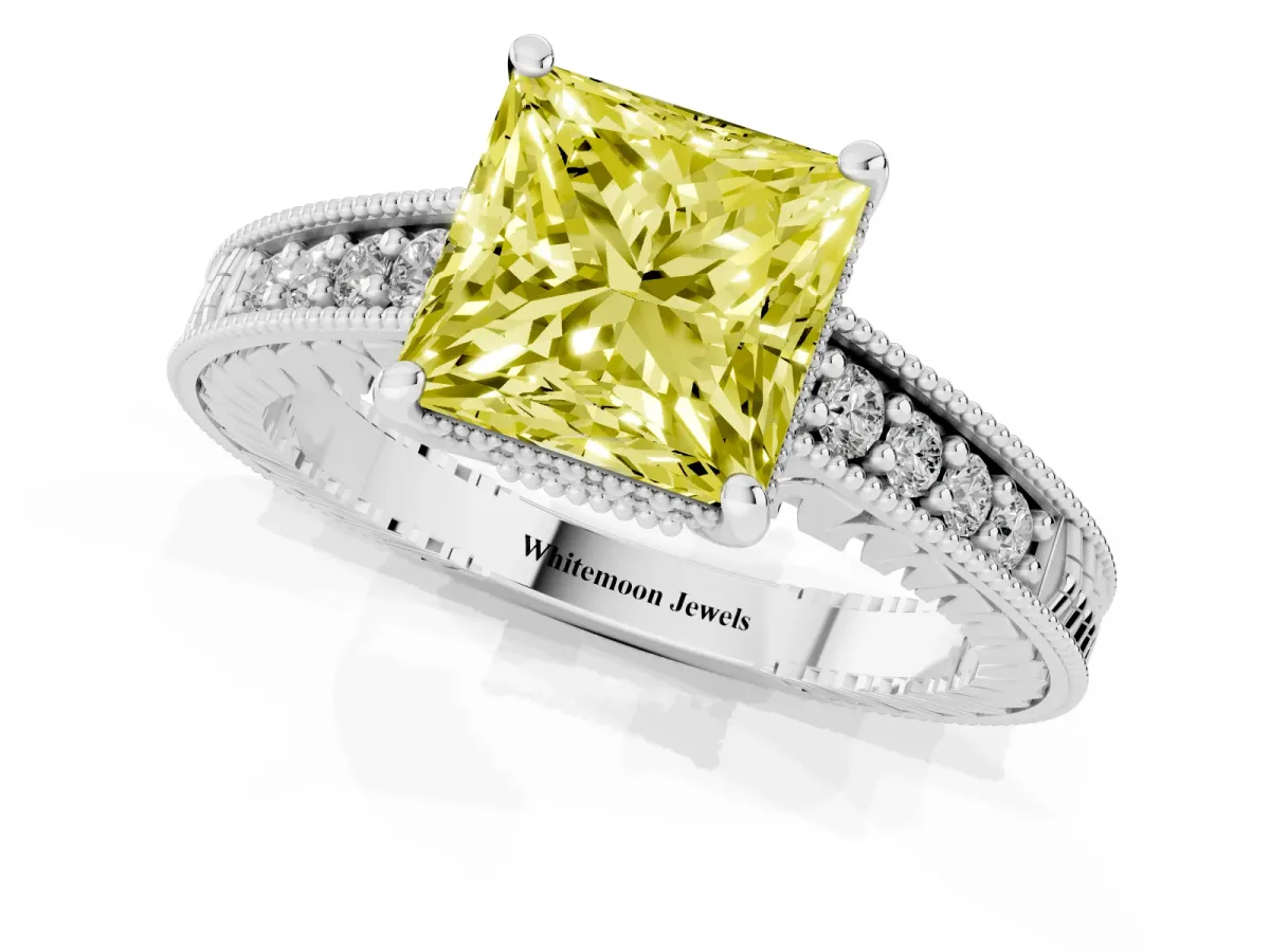 Fancy Yellow Princess Cut Solitaire Pavé Diamond Milgrain Engagement Ring with Four-Prong Setting Silver